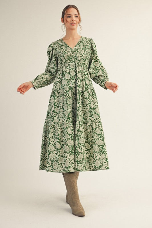 Smocked Floral Leaf Midi Dress