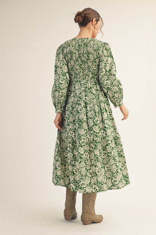 Smocked Floral Leaf Midi Dress