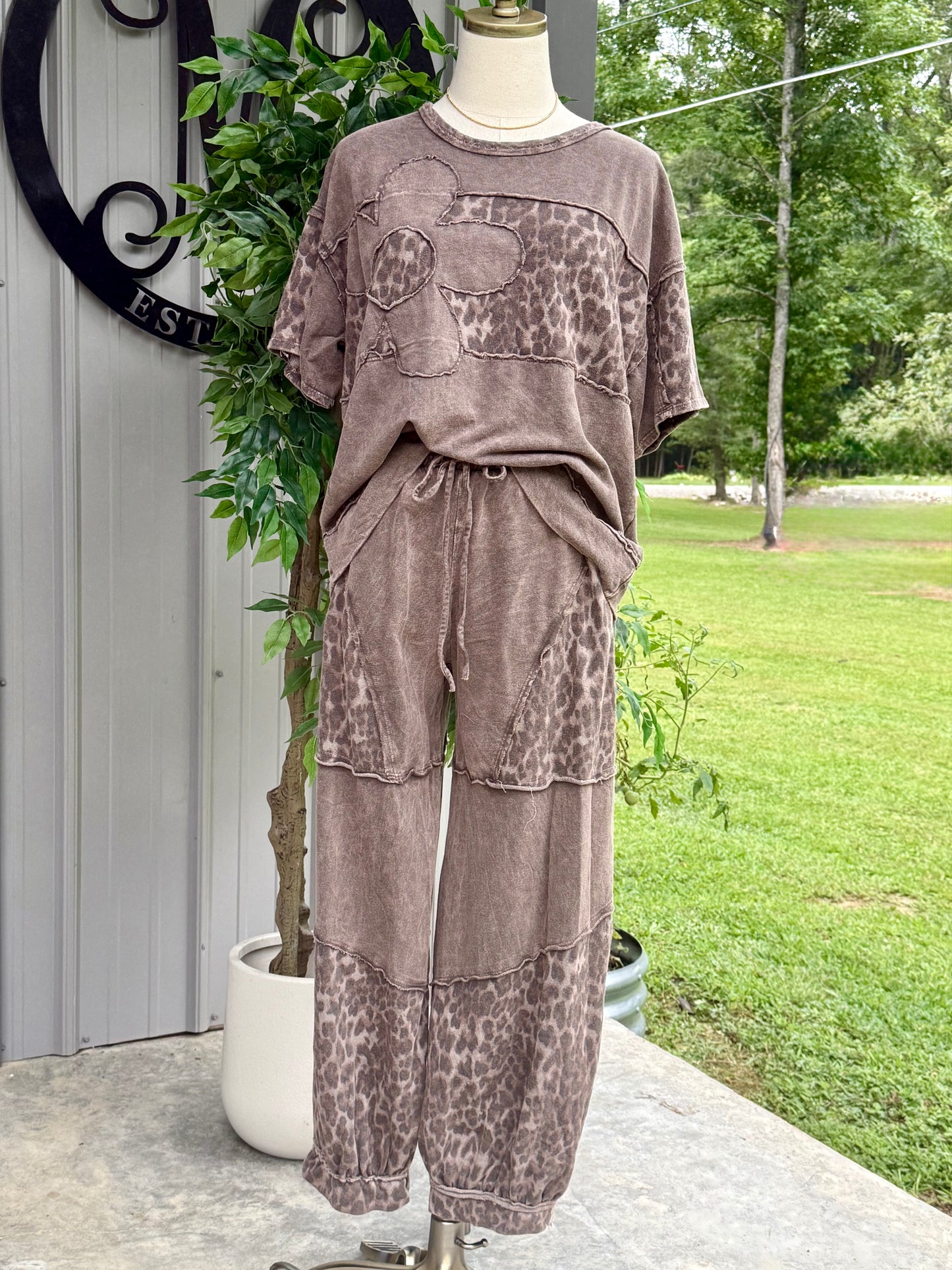 Mineral Washed Leopard Cheetah Daisy Patched Top