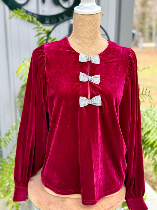 Sequin Bow Accent Velvet Blouse