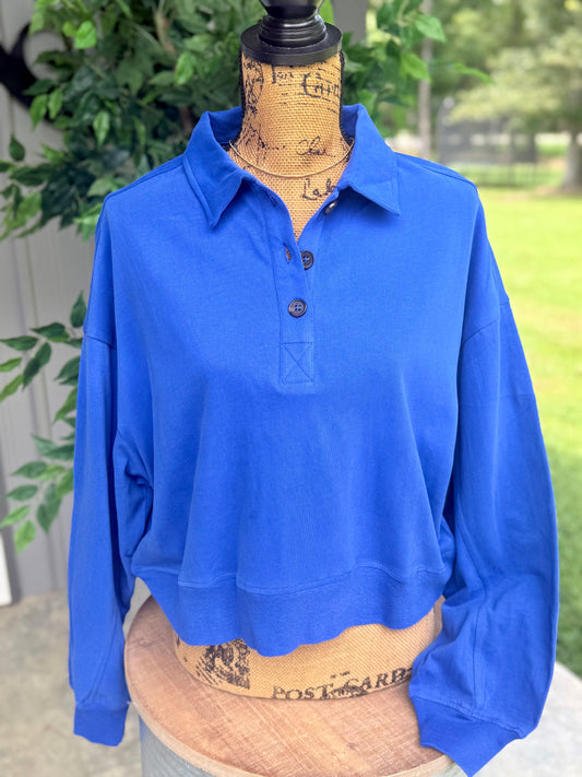 Washed Button-Front Collared Sweatshirt
