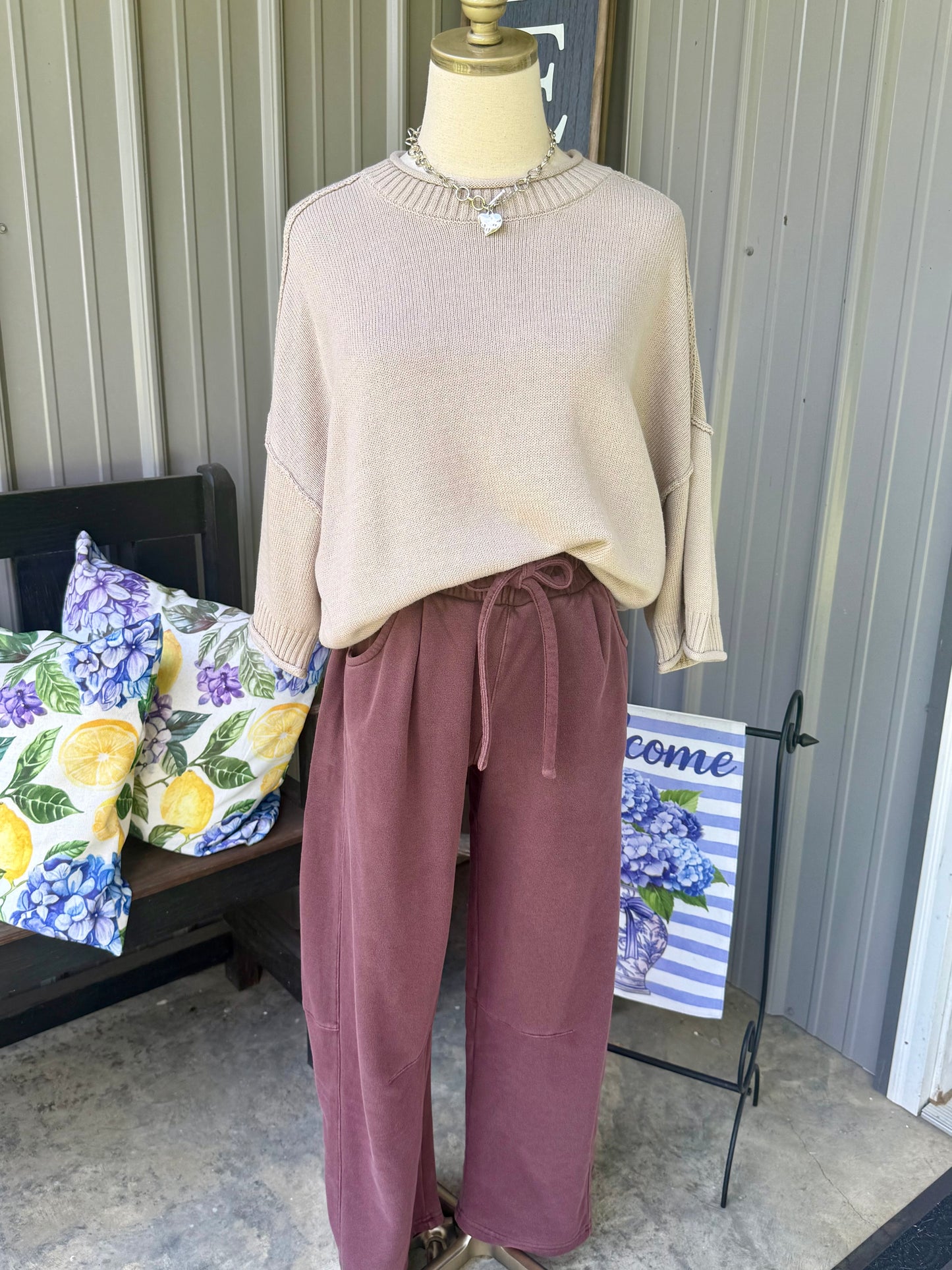 Smocked Waist Drawstring Barrel-Leg Sweatpants