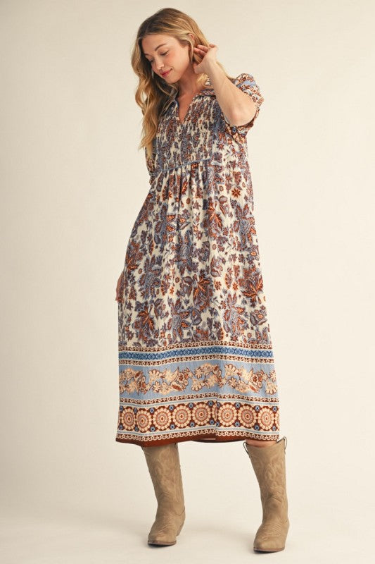 Baroque Floral Print Midi Dress