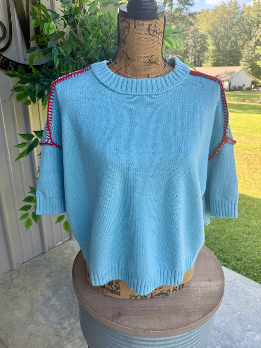 Lori Short Sleeve Blanket Stitch Sweater