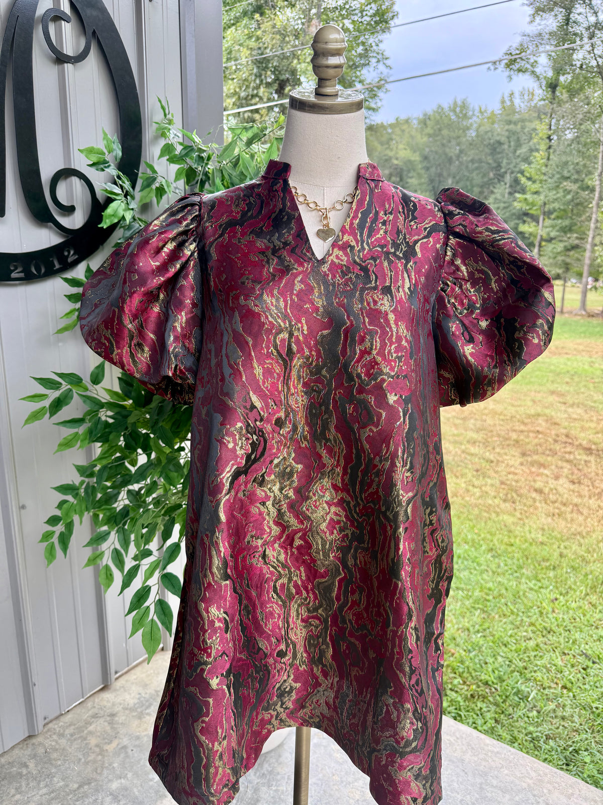 Metallic Jacquard Puff Sleeve Dress