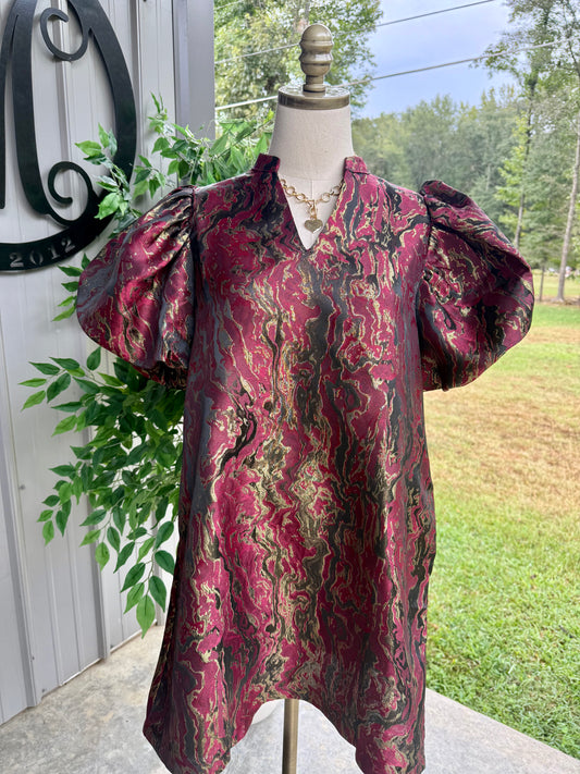 Metallic Jacquard Puff Sleeve Dress