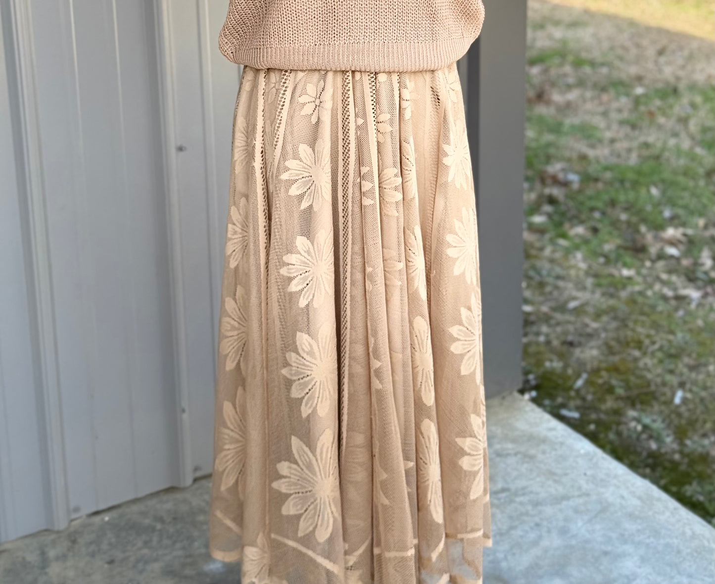 Floral Embroidered Lace Midi Skirt