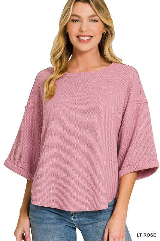 Double Knit Exposed Seam Curved Hem Top