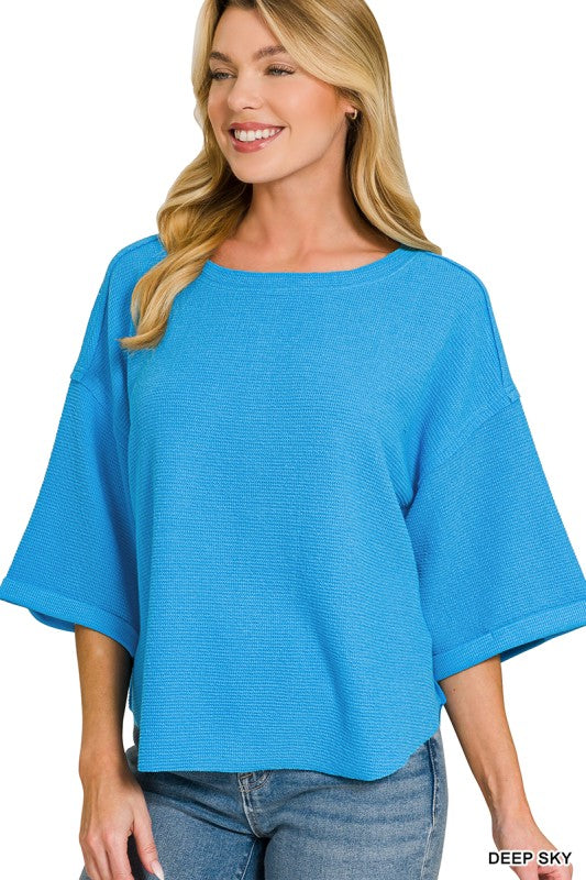 Double Knit Exposed Seam Curved Hem Top
