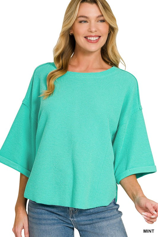 Double Knit Exposed Seam Curved Hem Top