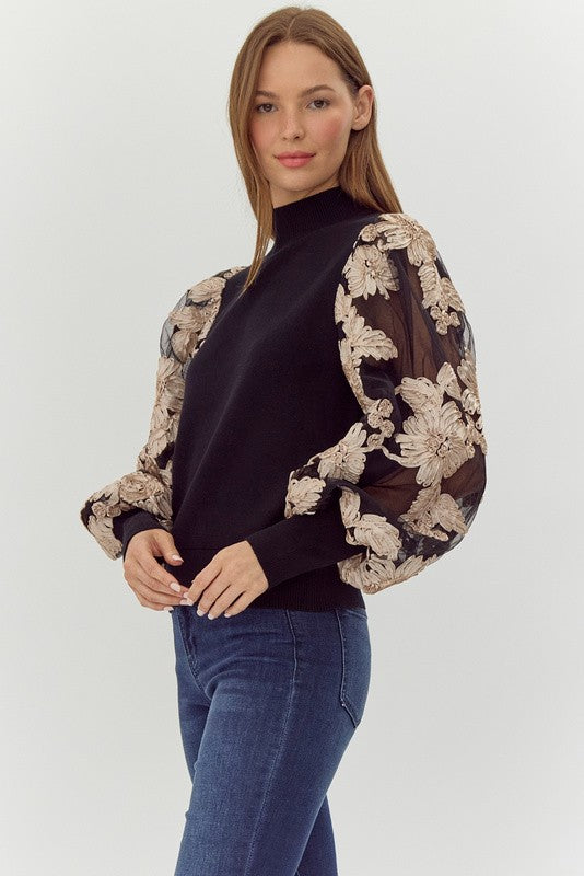 Jasmine Floral Mesh Sleeve Top