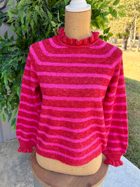 Mandy Ruffled Neck Striped Sweater