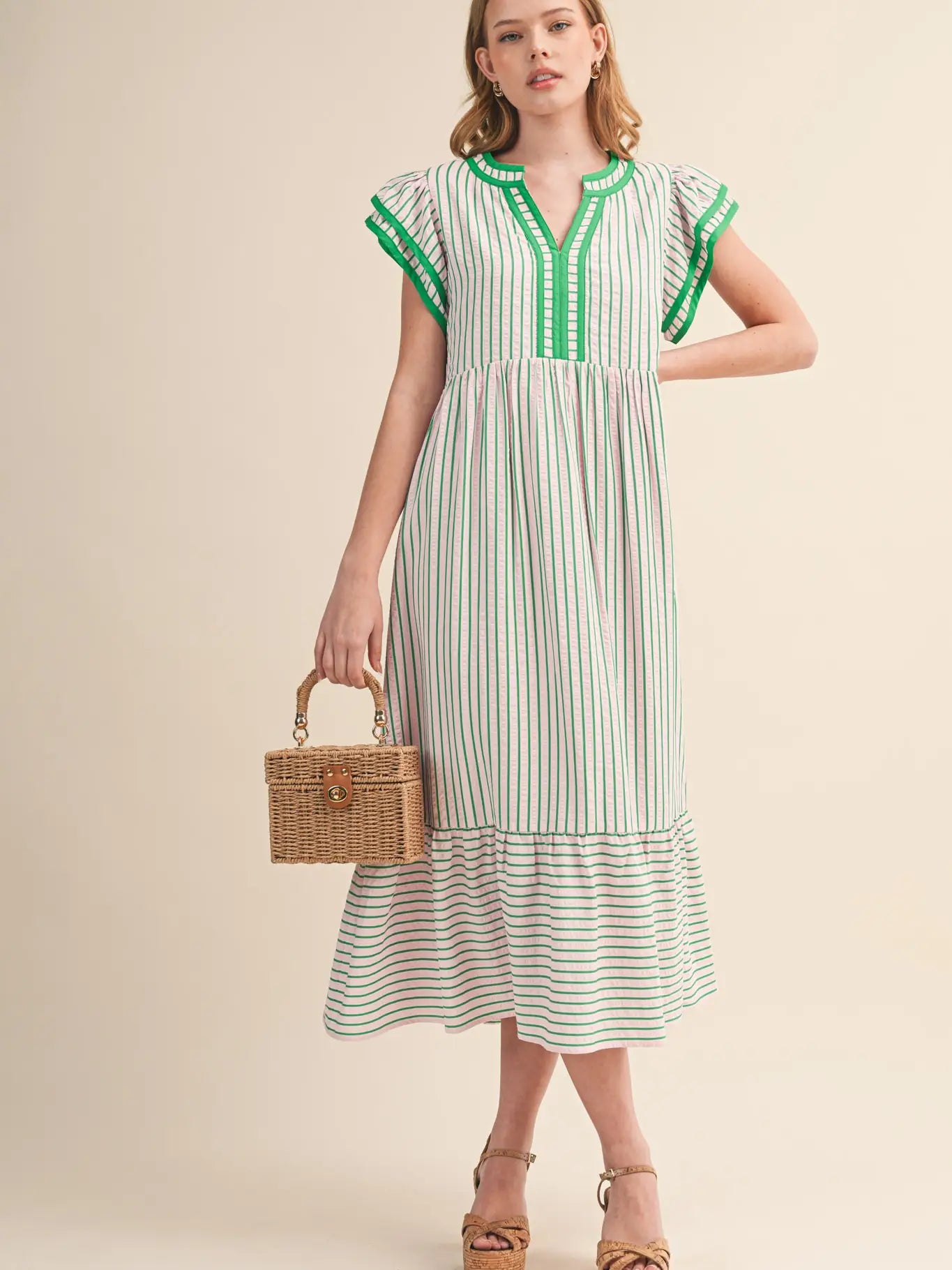 Maddi Striped Flutter Sleeve Midi