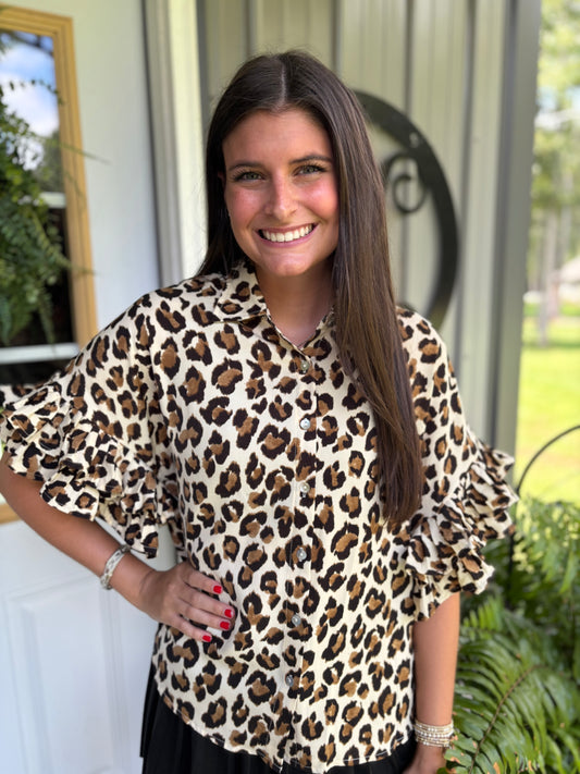 Nikki Ruffled Sleeves Leopard Top