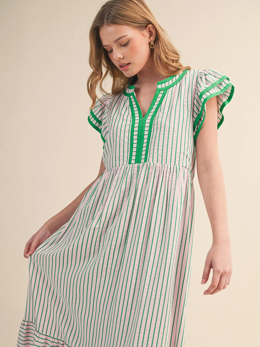 Maddi Striped Flutter Sleeve Midi