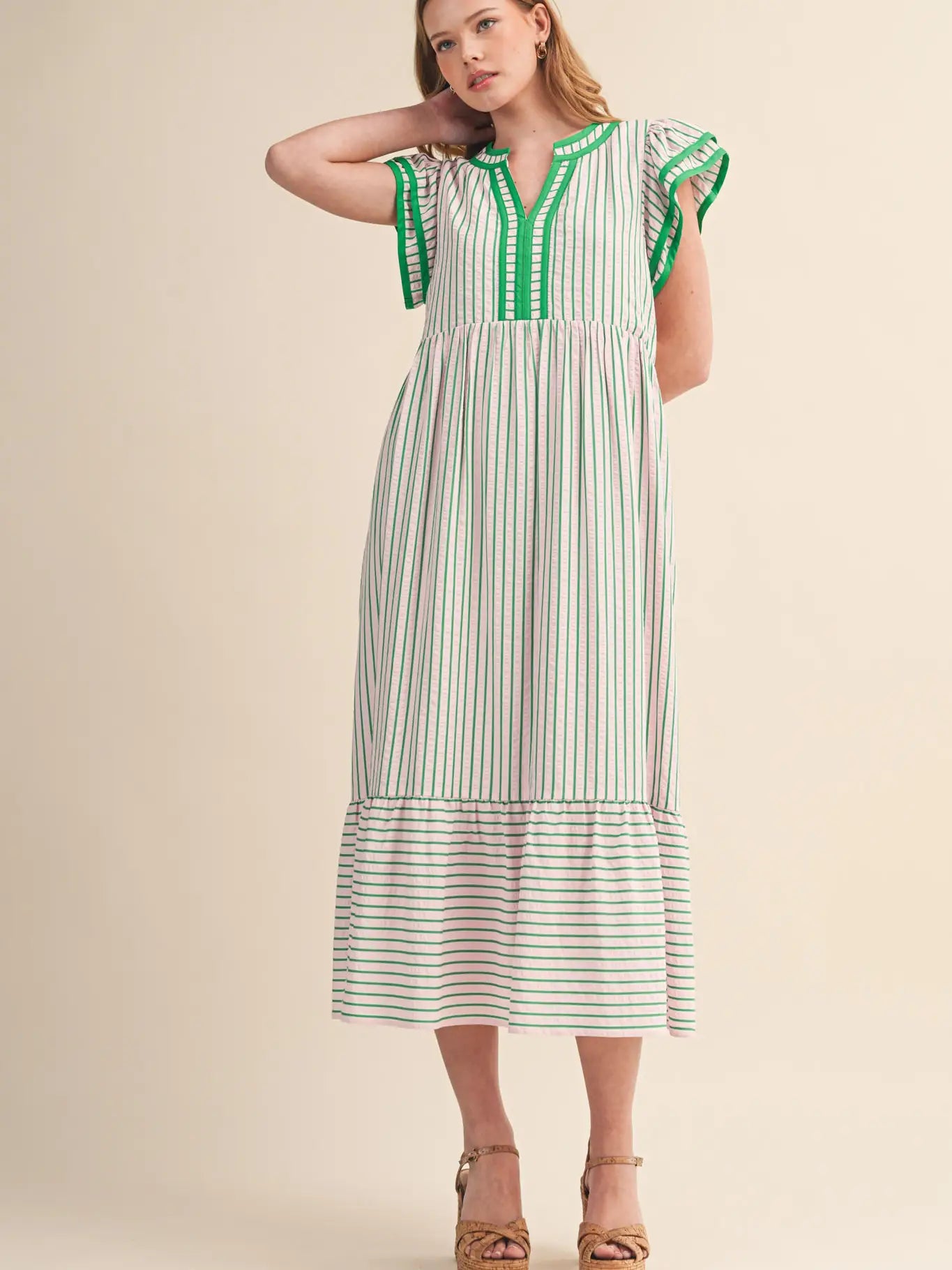 Maddi Striped Flutter Sleeve Midi