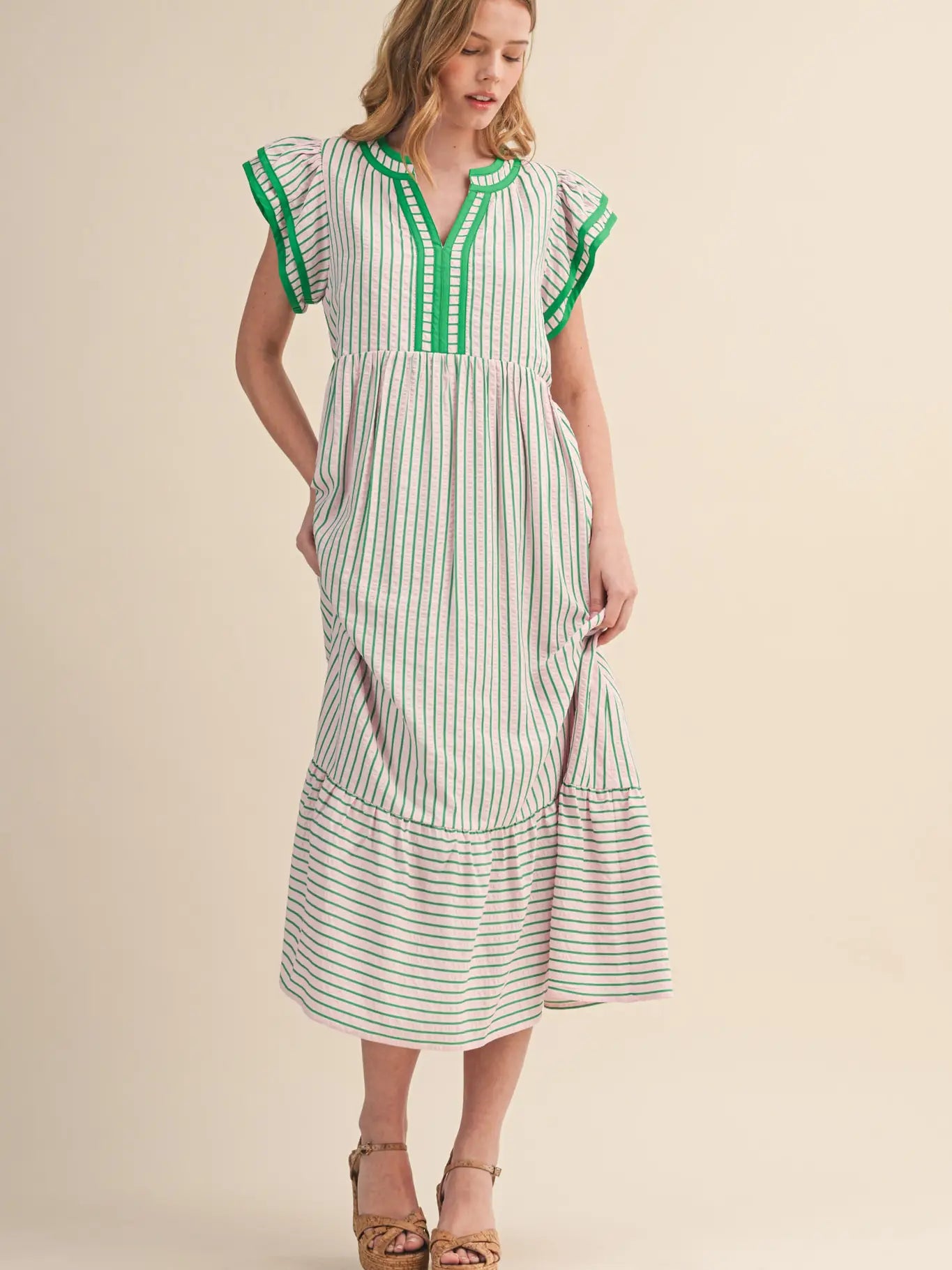 Maddi Striped Flutter Sleeve Midi