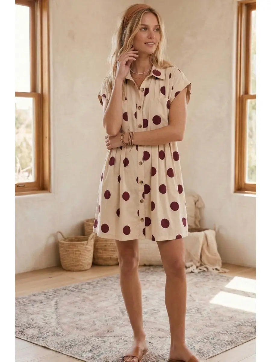 Polka Dot Button Down Pleated Poplin Dress