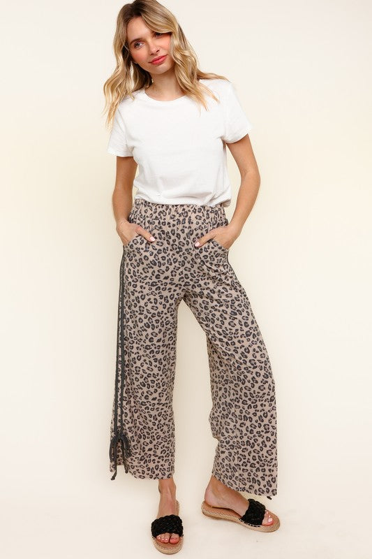 Ribbon Detailed Leopard Terry Track Pants