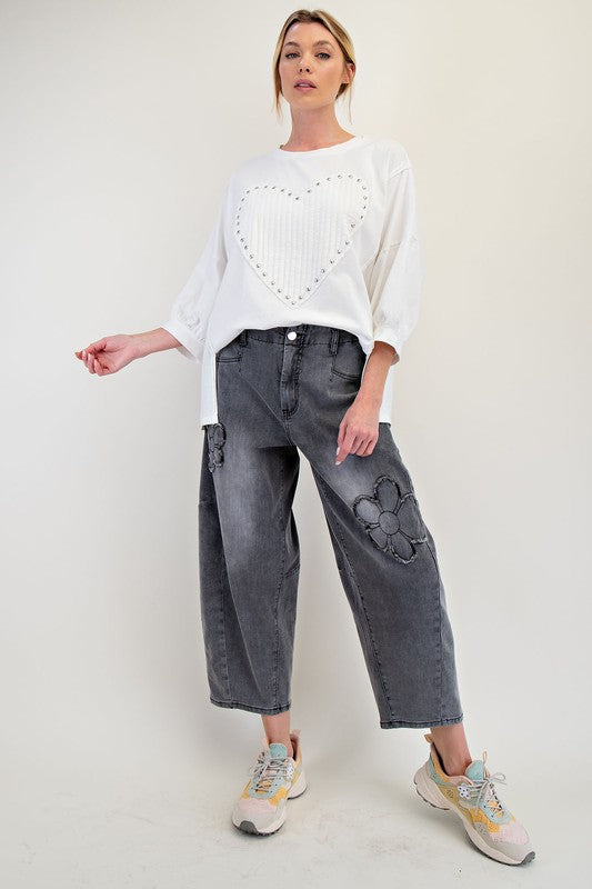 Washed Flower Patch Black Denim Barrel Pants