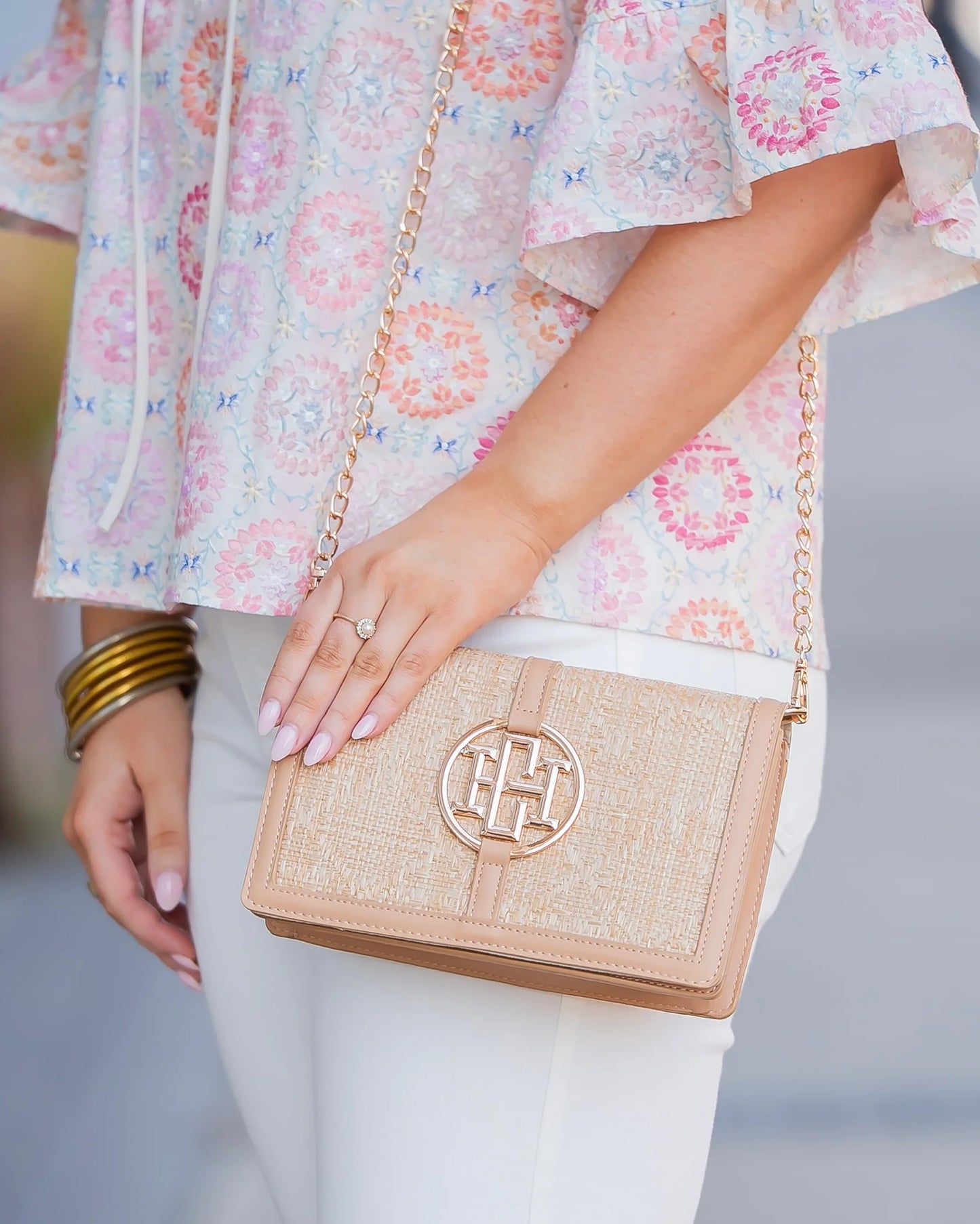 Cecilia Circle Logo Natural Lattice Handbag