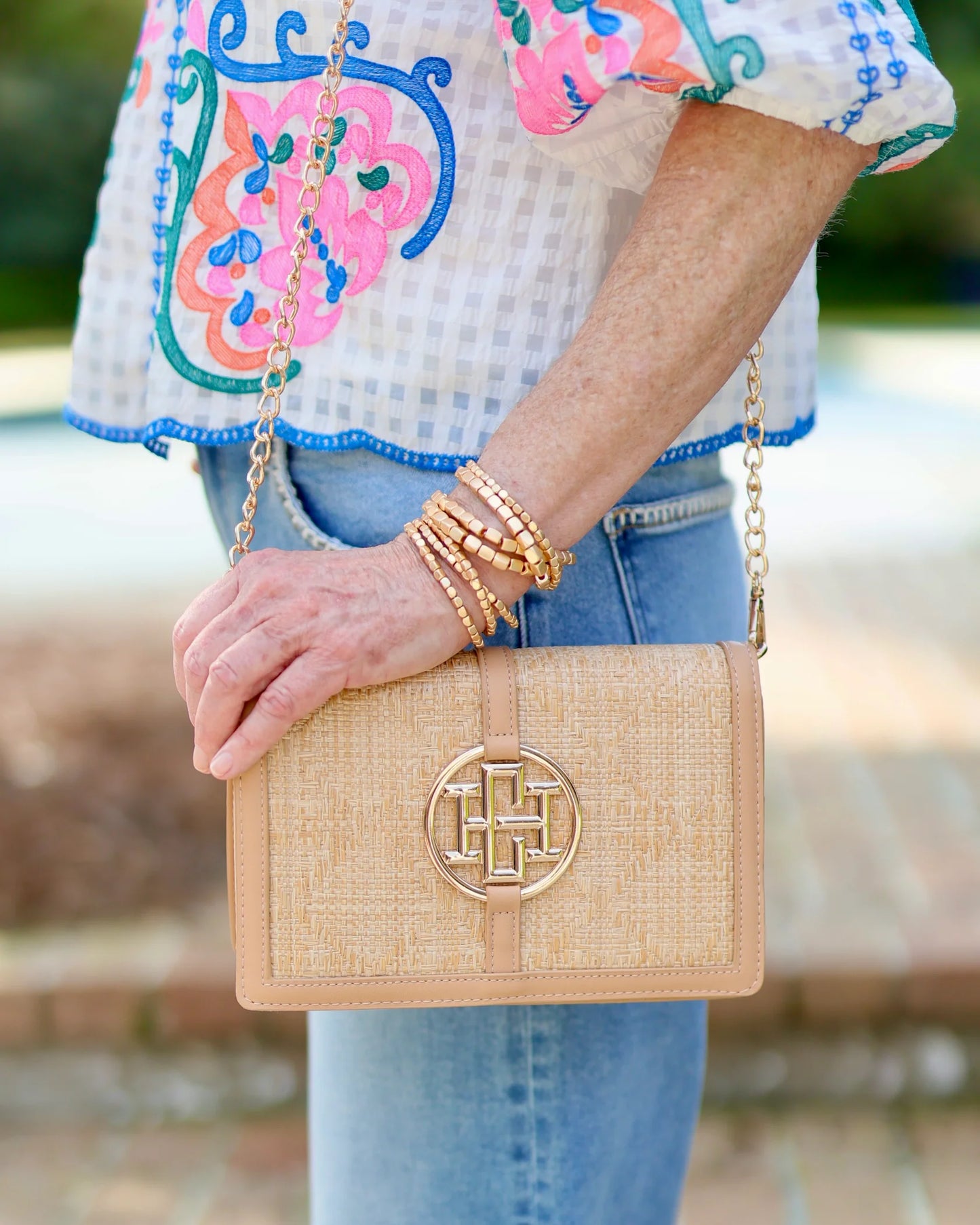 Cecilia Circle Logo Natural Lattice Handbag