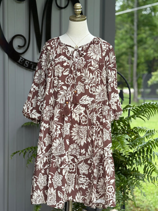 Paisley Boho Printed Baby Doll Dress-MOCHA