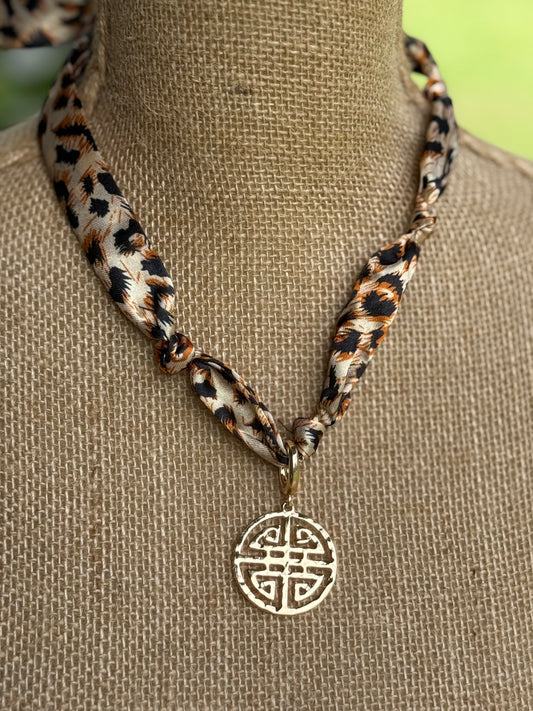 Maia Greek Keys Scarf Necklace in Leopard