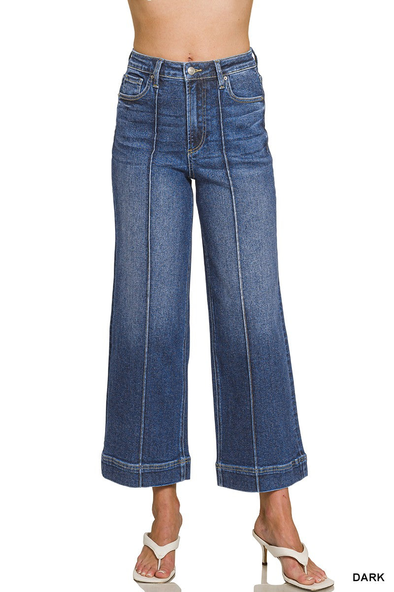 High Rise Wide Leg Pintuck Denim Pants