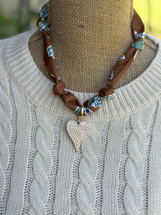 Winnie Pave Heart Scarf Necklace in Brown