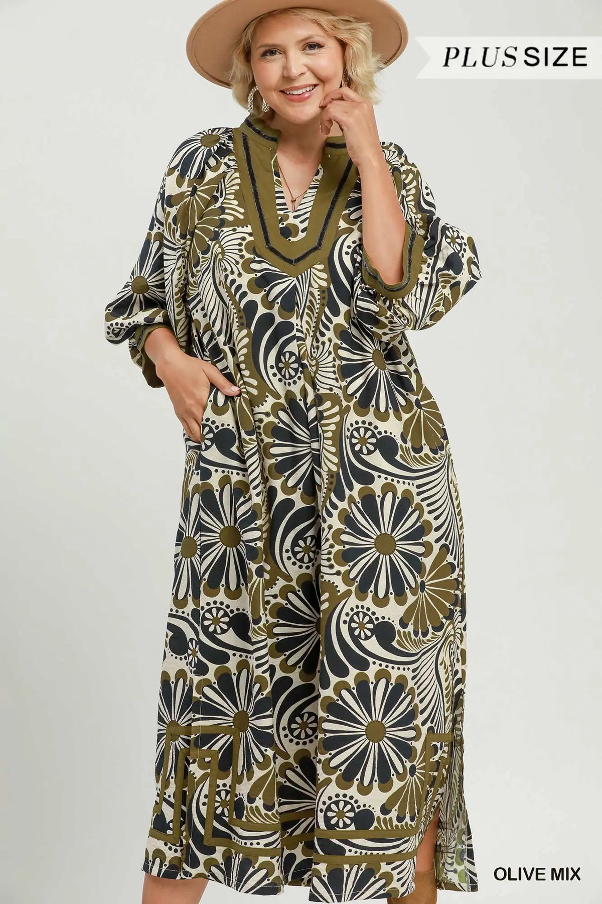 Floral Split Neck Plus Midi Dress