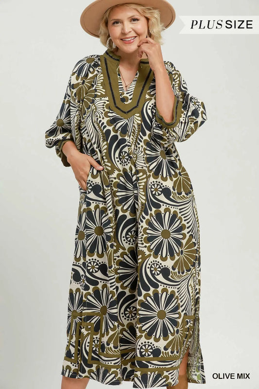 Floral Split Neck Plus Midi Dress