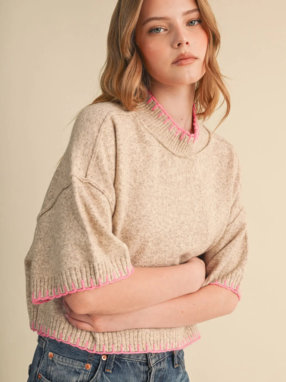 Marley Blanket Stitch Short Sleeve Sweater