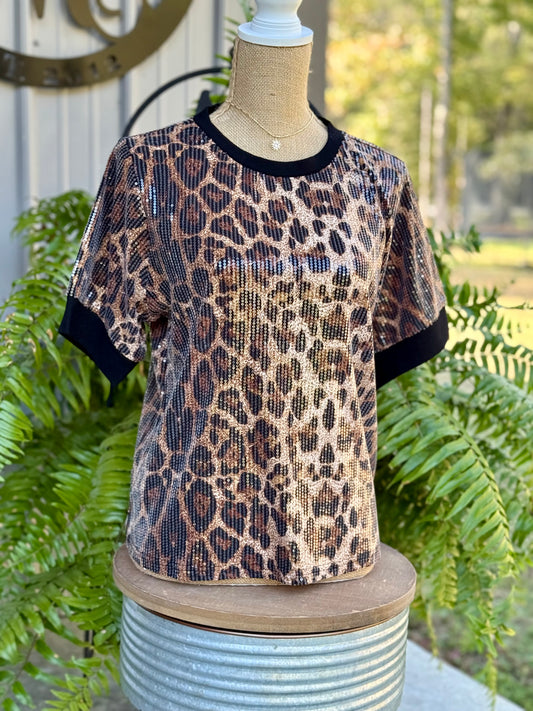 Leopard Sequin Short Sleeve Top