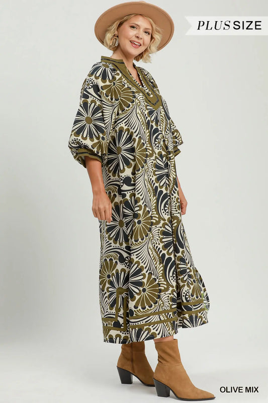 Floral Split Neck Plus Midi Dress