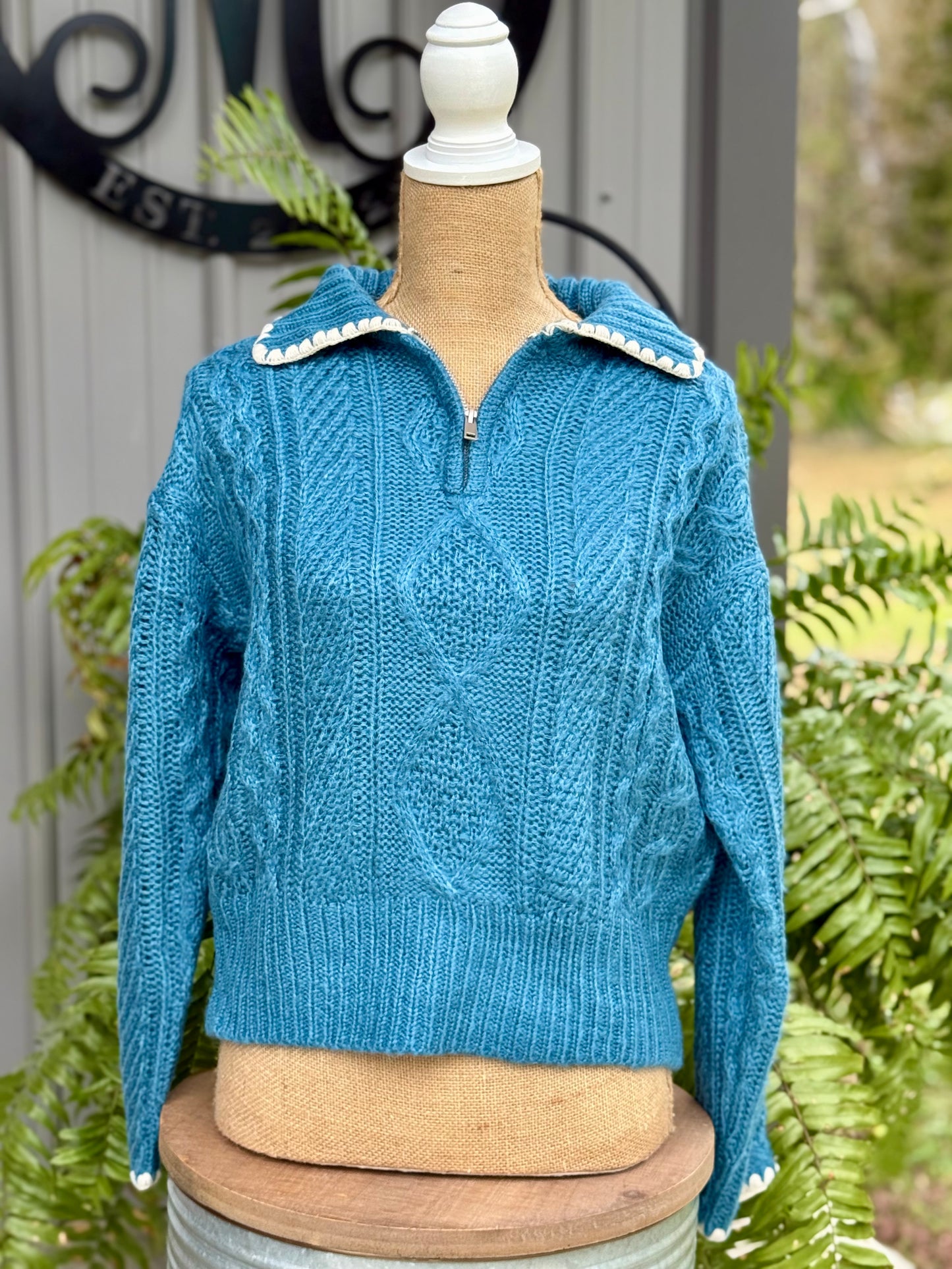 Chelsea Scallop Trim Cable Knit Half-Zip Sweater