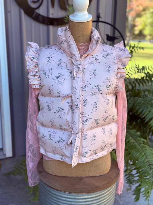 Floral Bow Ruffle Sleeve Puffer Vest