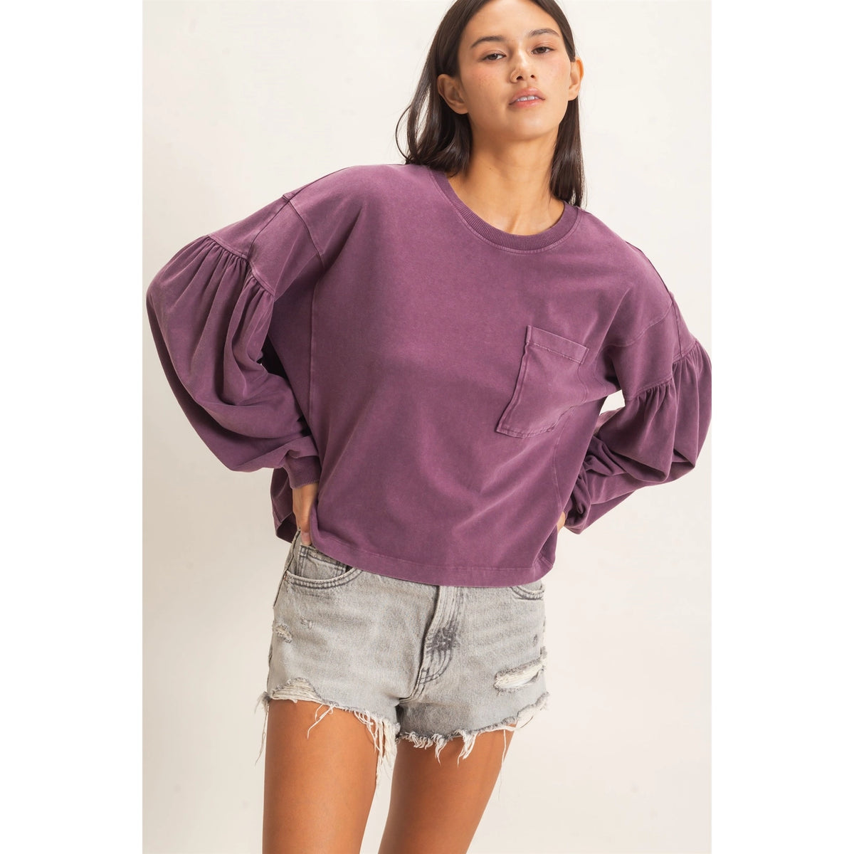 Mineral Wash Puff Sleeve Boxy Top