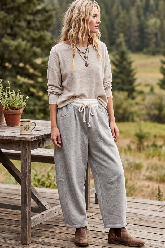Fleece-Lined Barrel Leg Drawstring Pants
