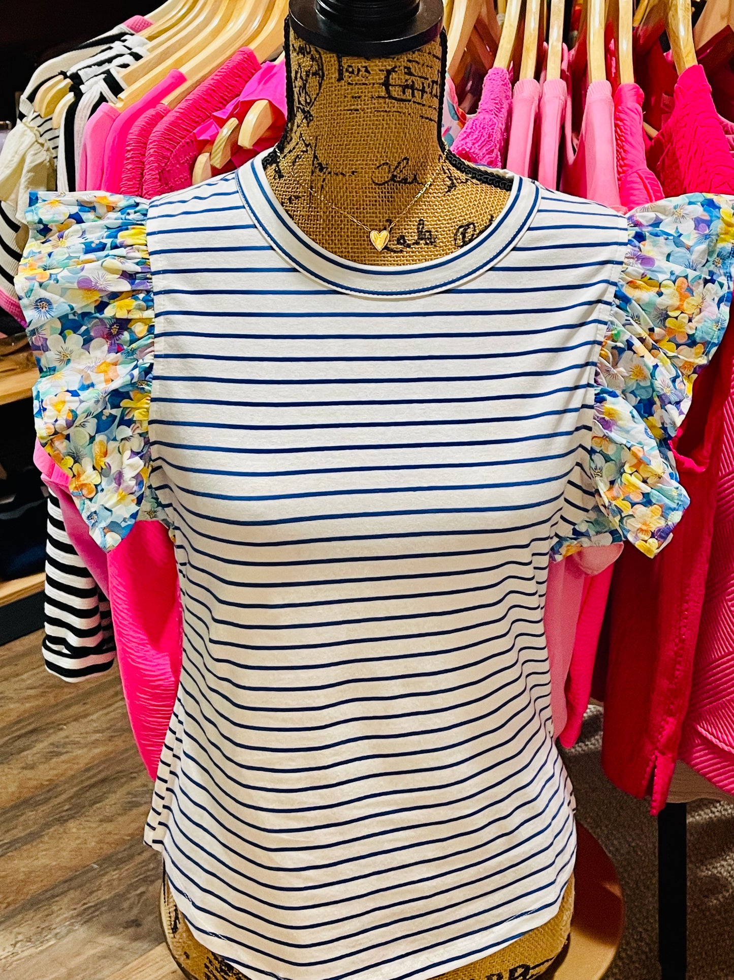 Daphne Ruffle Cap Sleeve Stripe & Floral Mixed Top