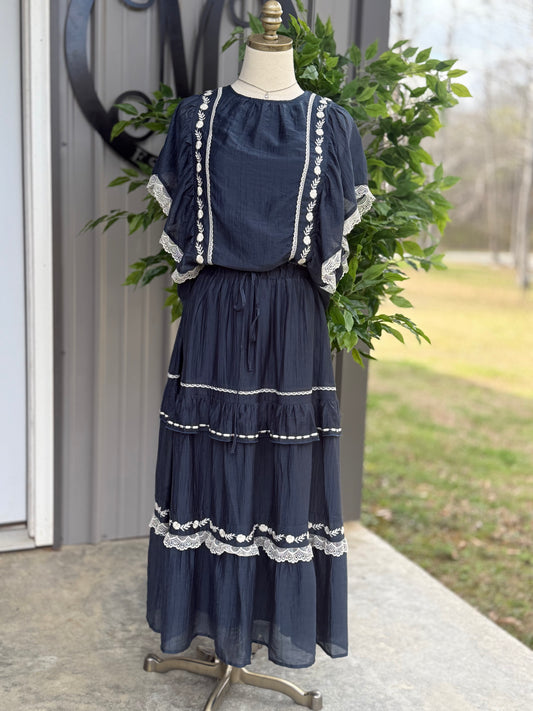 The Lace Trimmed Embroidered Tiered Maxi Skirt