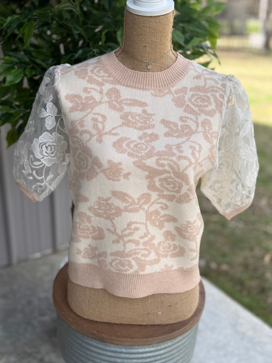 Rose Embroidered Contrast Knit Top