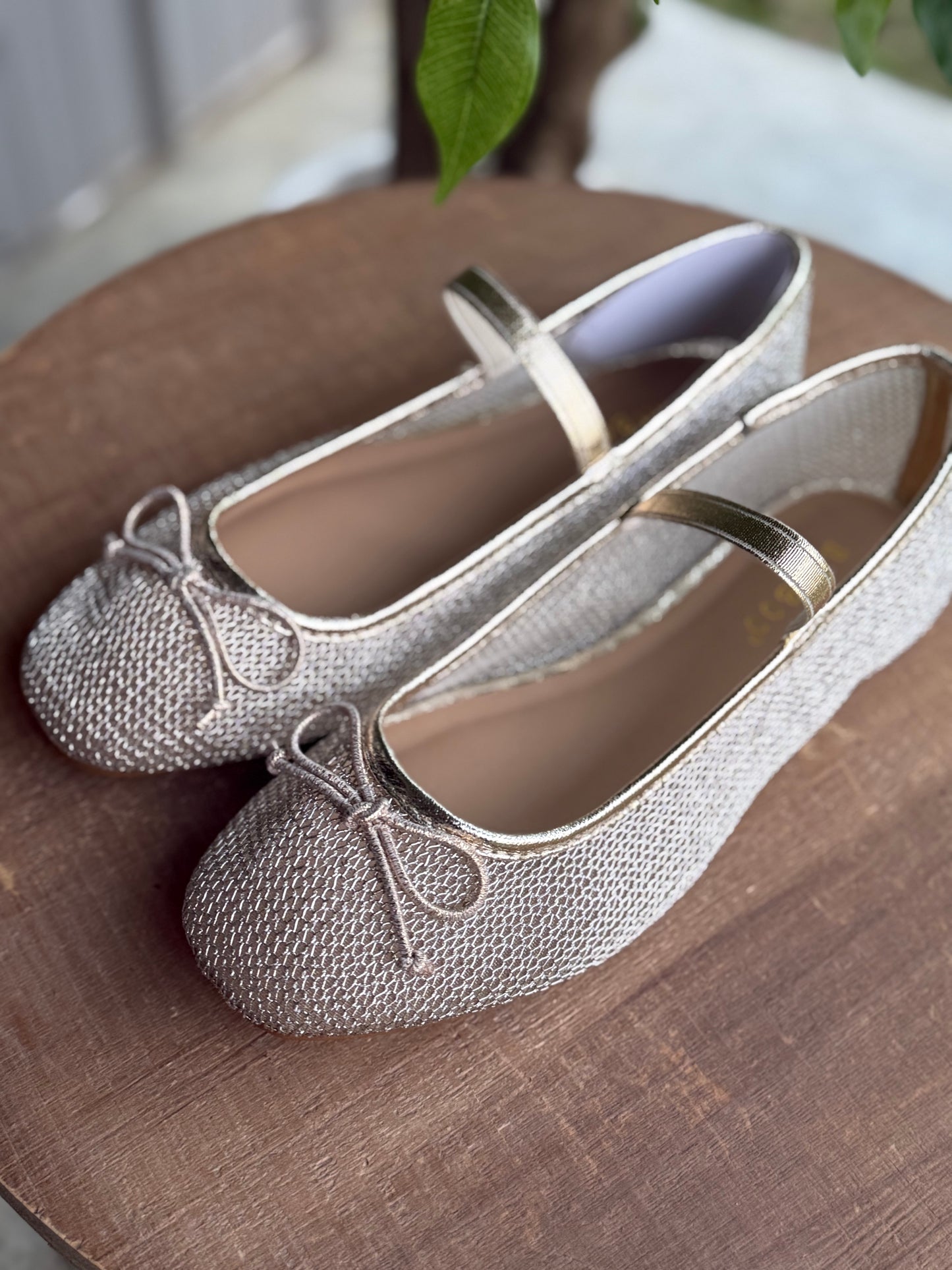 Gold Mesh Bow Tie Mary Jane Flats