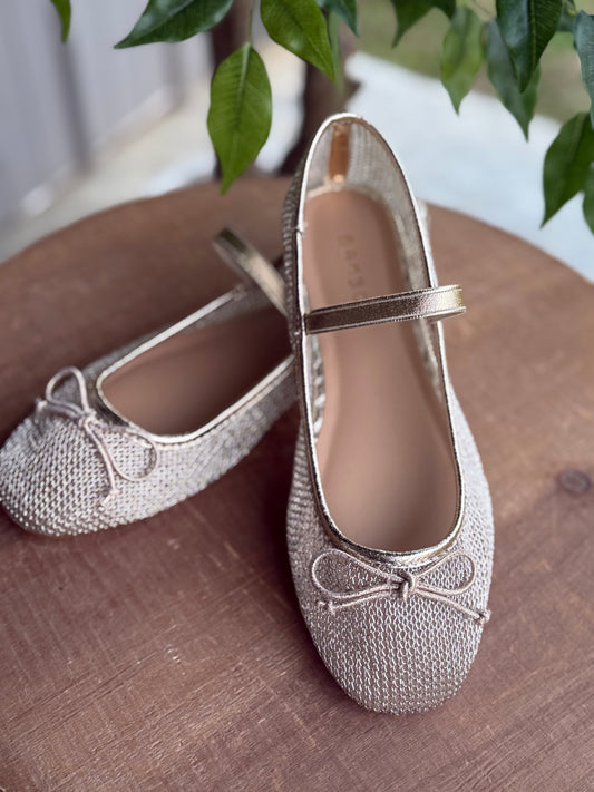 Gold Mesh Bow Tie Mary Jane Flats