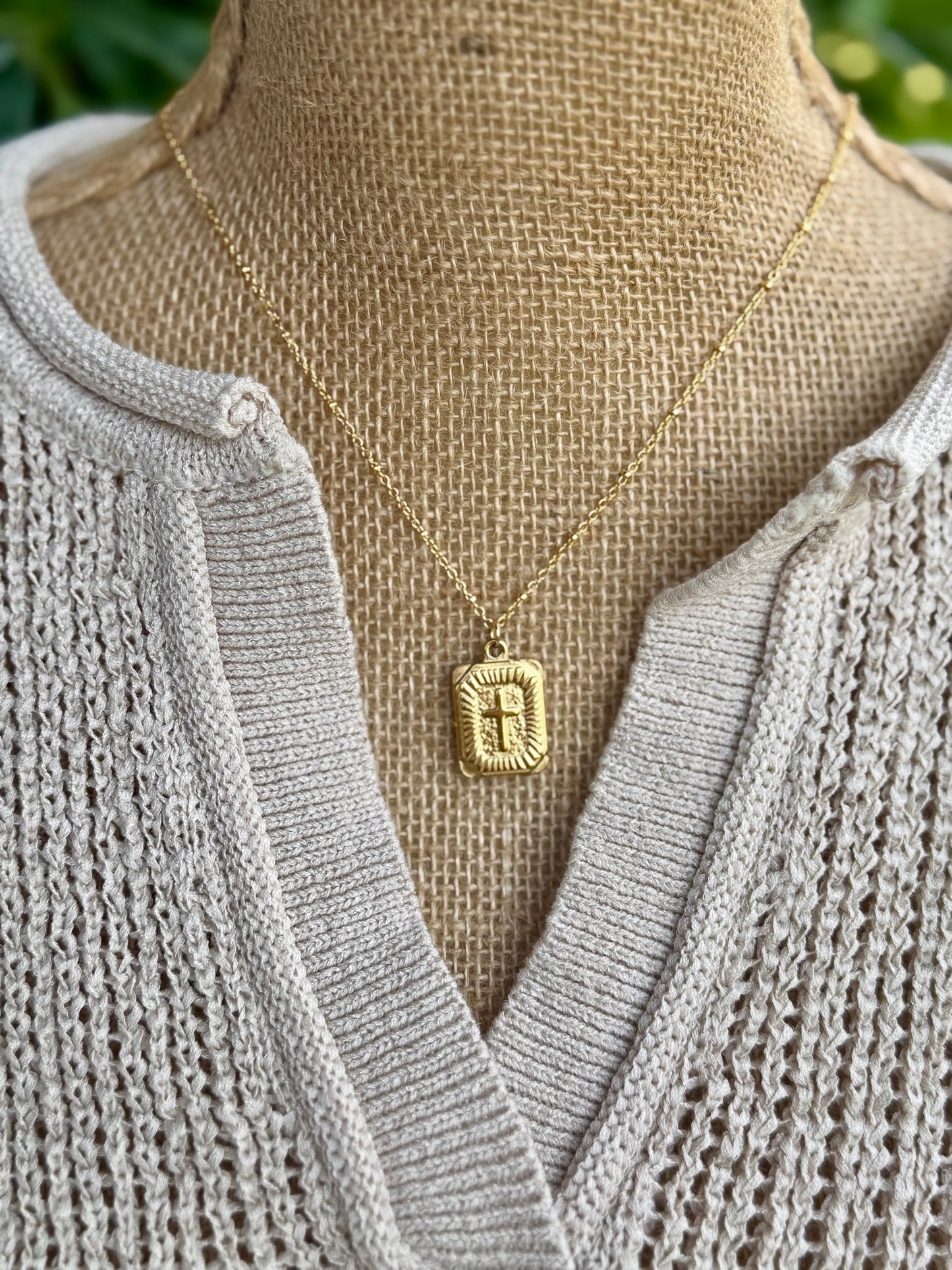 Gold Rectangle Cross Pendant with Beaded Chain