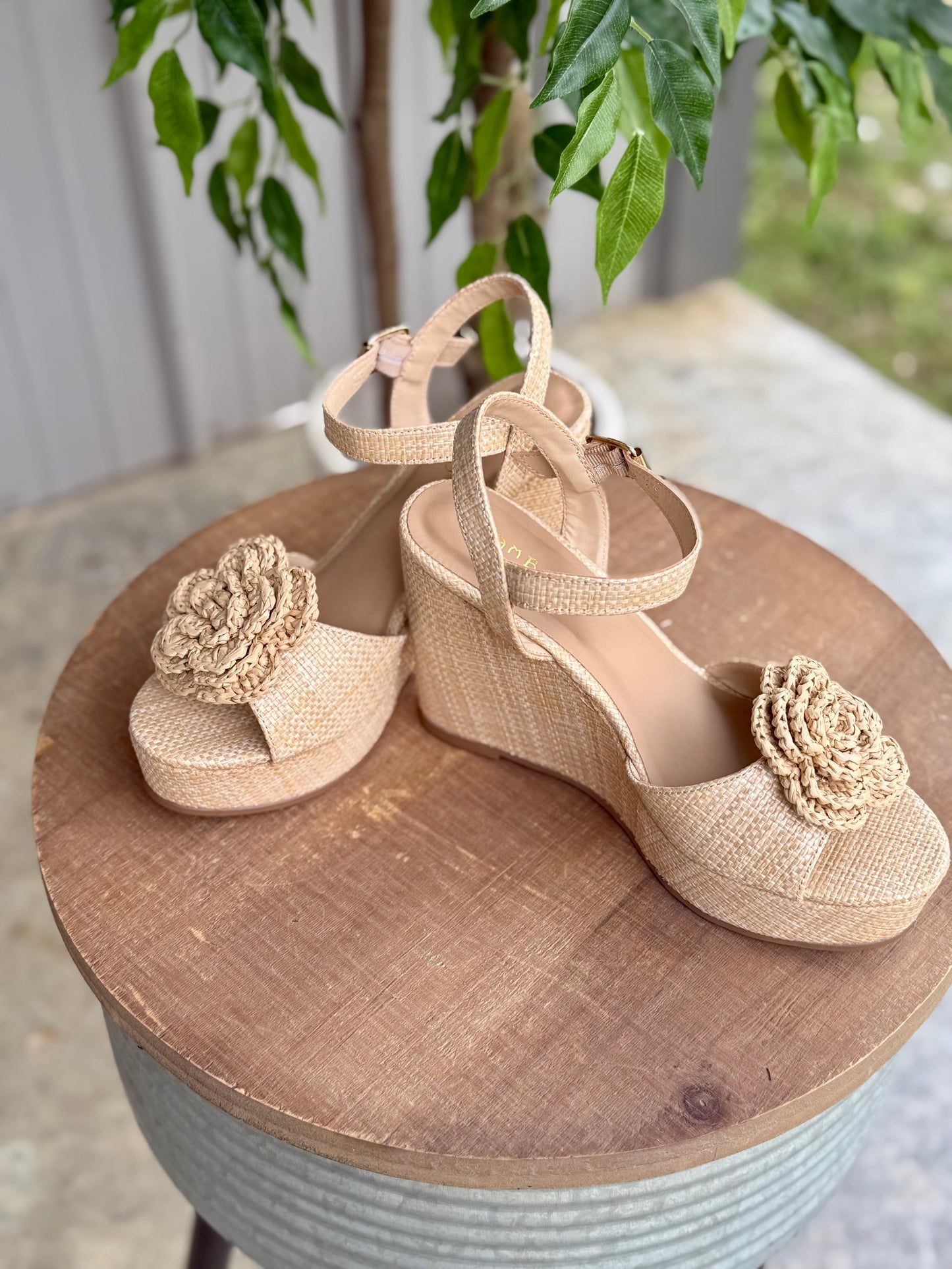 Platform Cork Wedge Sandals with Floral Rosette