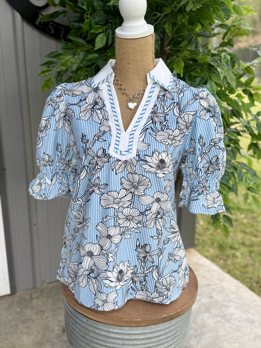 Brandi Floral Striped Collared Top