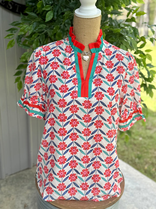 Lindsay Floral Collar Detail V Neck Top