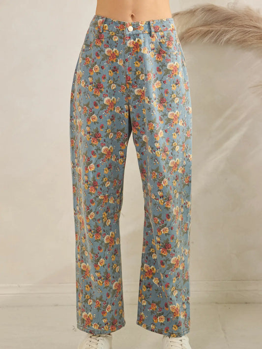 Mineral Washed Floral Denim Barrel Pants