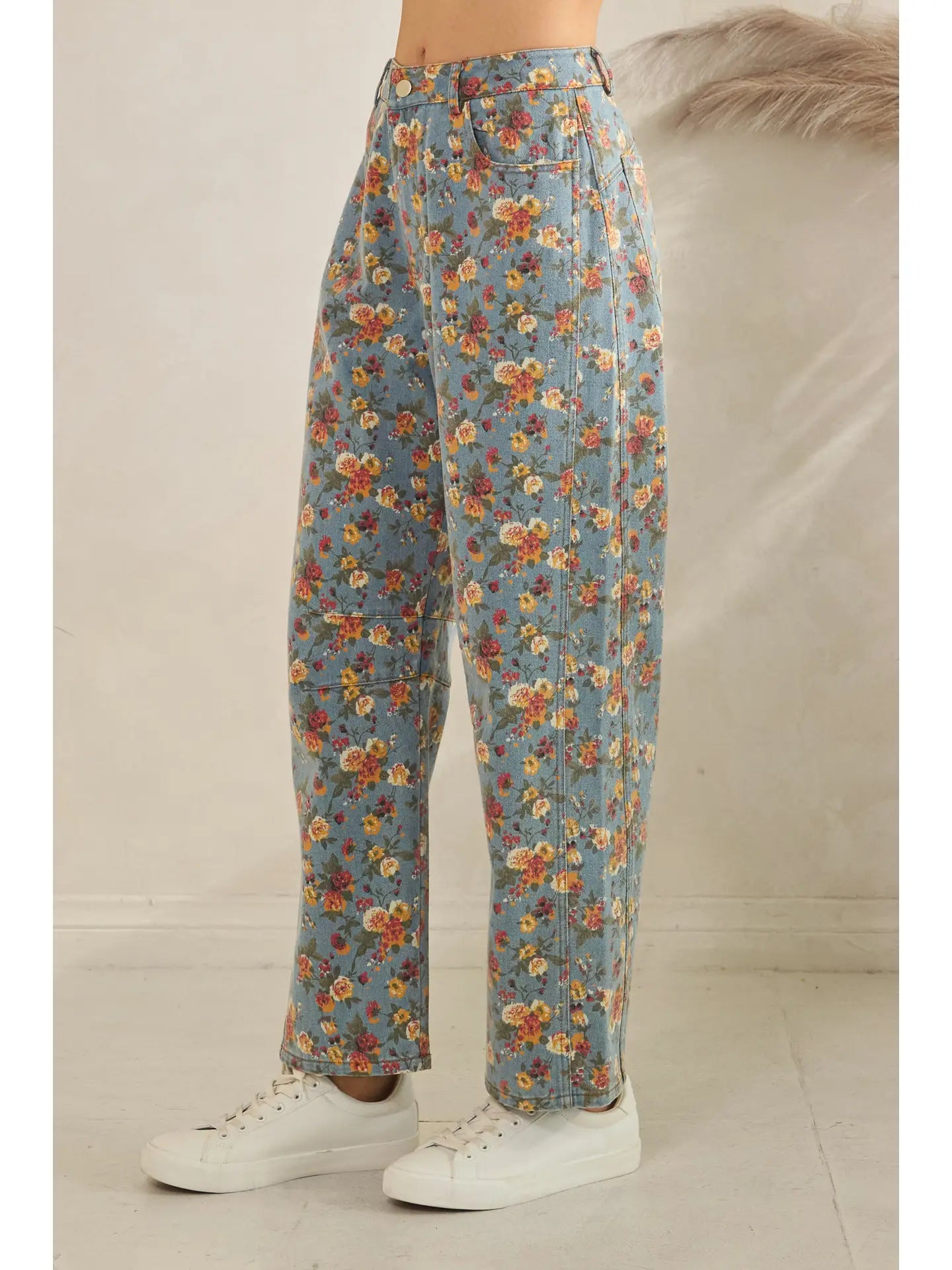 Mineral Washed Floral Denim Barrel Pants